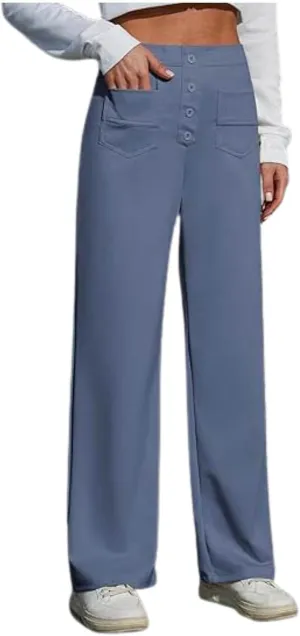 Straight Wide Leg Pants for Women Elastic High Waist Trendy Palazzo Pants Loose Button Down Flowy Trousers with Pockets