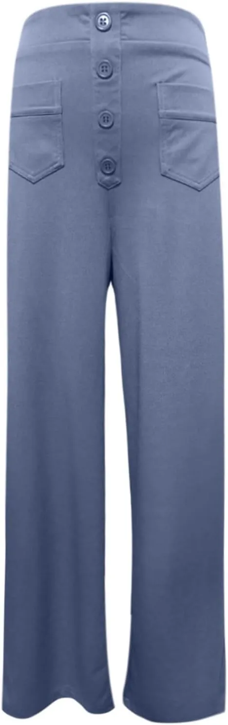 Straight Wide Leg Pants for Women Elastic High Waist Trendy Palazzo Pants Loose Button Down Flowy Trousers with Pockets