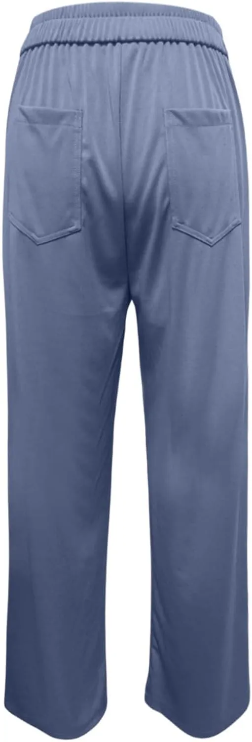 Straight Wide Leg Pants for Women Elastic High Waist Trendy Palazzo Pants Loose Button Down Flowy Trousers with Pockets