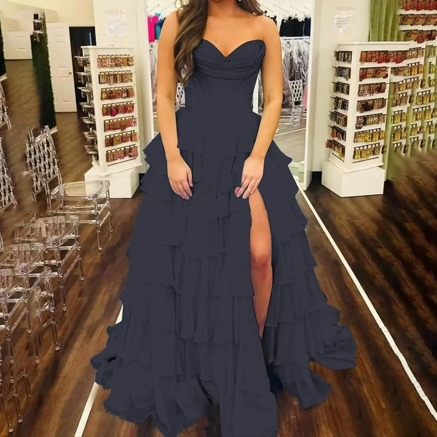 Strapless Corset Prom Dresses for Women 2025 Long Tiered Ruffle Chiffon Formal Party Evening Gown Tulle Dress with Slit
