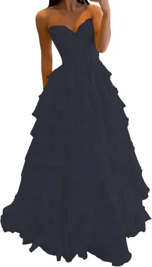 Strapless Corset Prom Dresses for Women 2025 Long Tiered Ruffle Chiffon Formal Party Evening Gown Tulle Dress with Slit