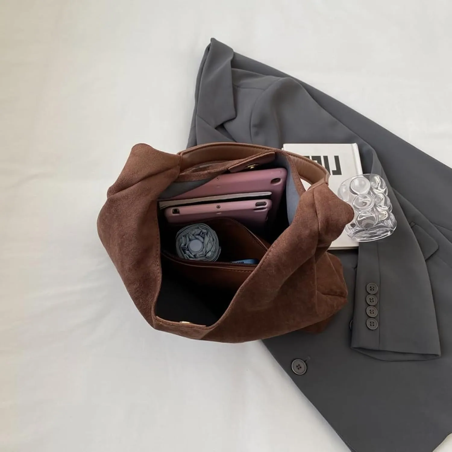 Suede Bags for Women - Brown Suede Tote and Shoulder Bag with Zipper Purse