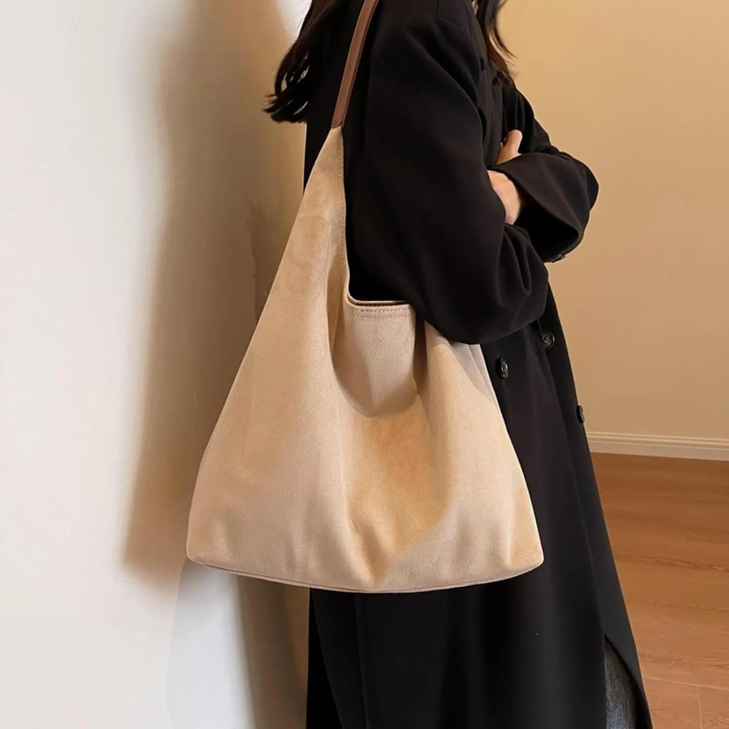 Suede Bags for Women - Brown Suede Tote and Shoulder Bag with Zipper Purse