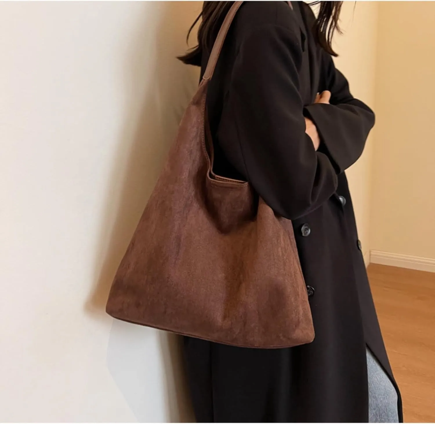 Suede Bags for Women - Brown Suede Tote and Shoulder Bag with Zipper Purse