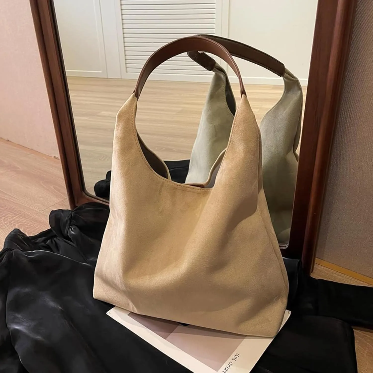 Suede Bags for Women - Brown Suede Tote and Shoulder Bag with Zipper Purse