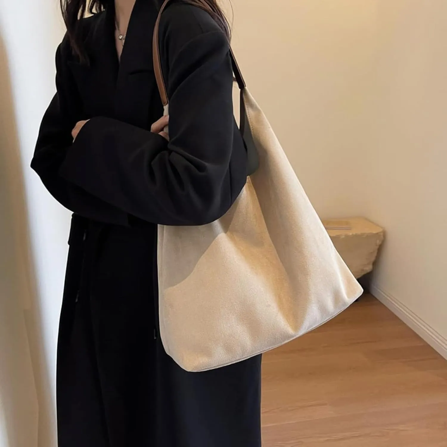 Suede Bags for Women - Brown Suede Tote and Shoulder Bag with Zipper Purse