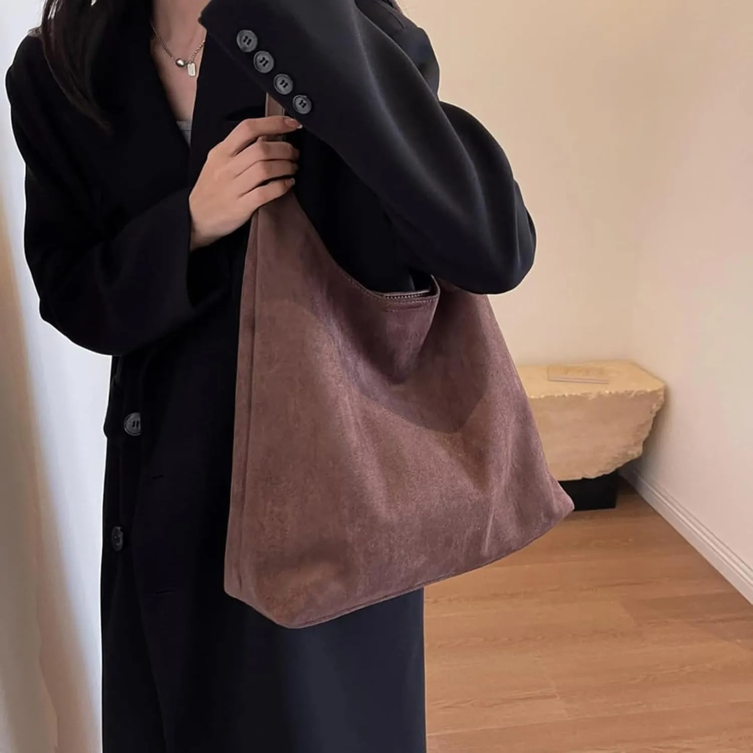 Suede Bags for Women - Brown Suede Tote and Shoulder Bag with Zipper Purse