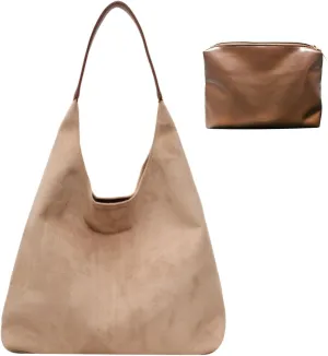 Suede Bags for Women - Brown Suede Tote and Shoulder Bag with Zipper Purse