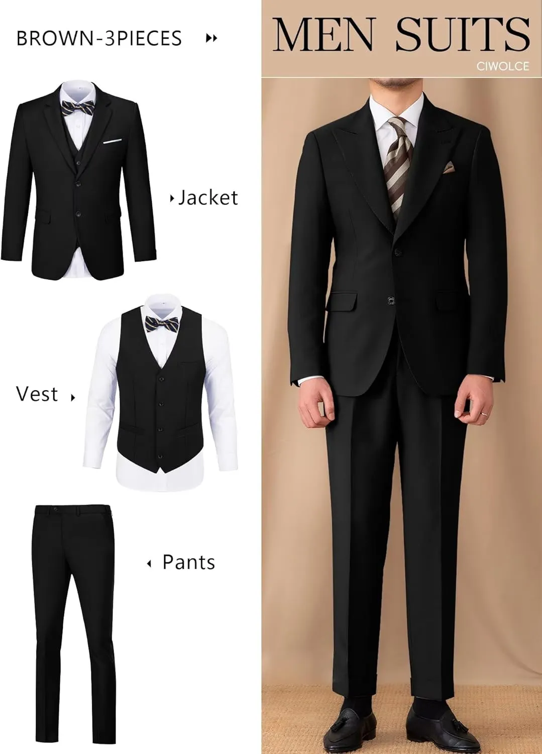 Suit for Men Wedding Slim Fit 3 Piece Set Blazer Jacket Vest Pants Tuxedo Suits for Groomsmen Business Prom Party Sport Coat
