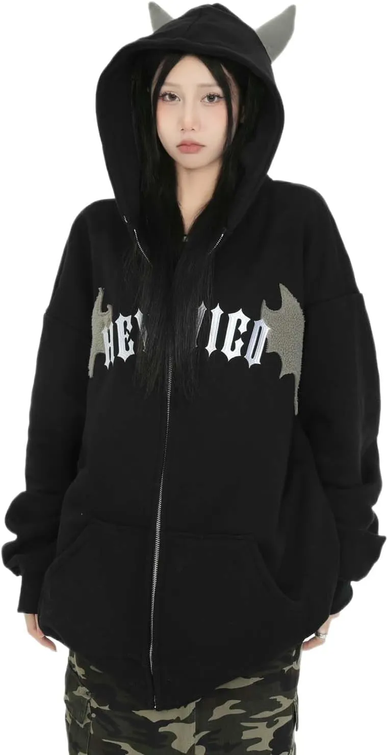 Sumleno Devil Horn Zip Up Hoodie Women Y2K Clothing Oversized Emo Alt Hooded Sweatshirt Punk Goth Aesthetic Grunge Pullover