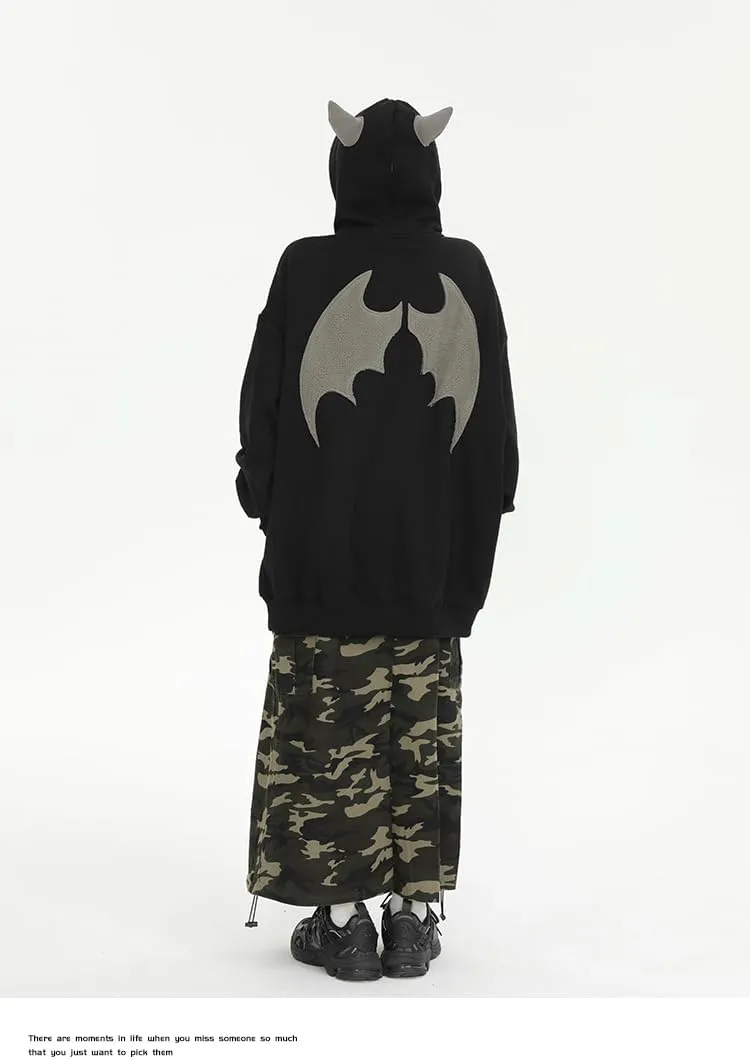 Sumleno Devil Horn Zip Up Hoodie Women Y2K Clothing Oversized Emo Alt Hooded Sweatshirt Punk Goth Aesthetic Grunge Pullover
