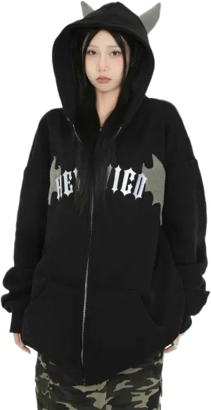 Sumleno Devil Horn Zip Up Hoodie Women Y2K Clothing Oversized Emo Alt Hooded Sweatshirt Punk Goth Aesthetic Grunge Pullover