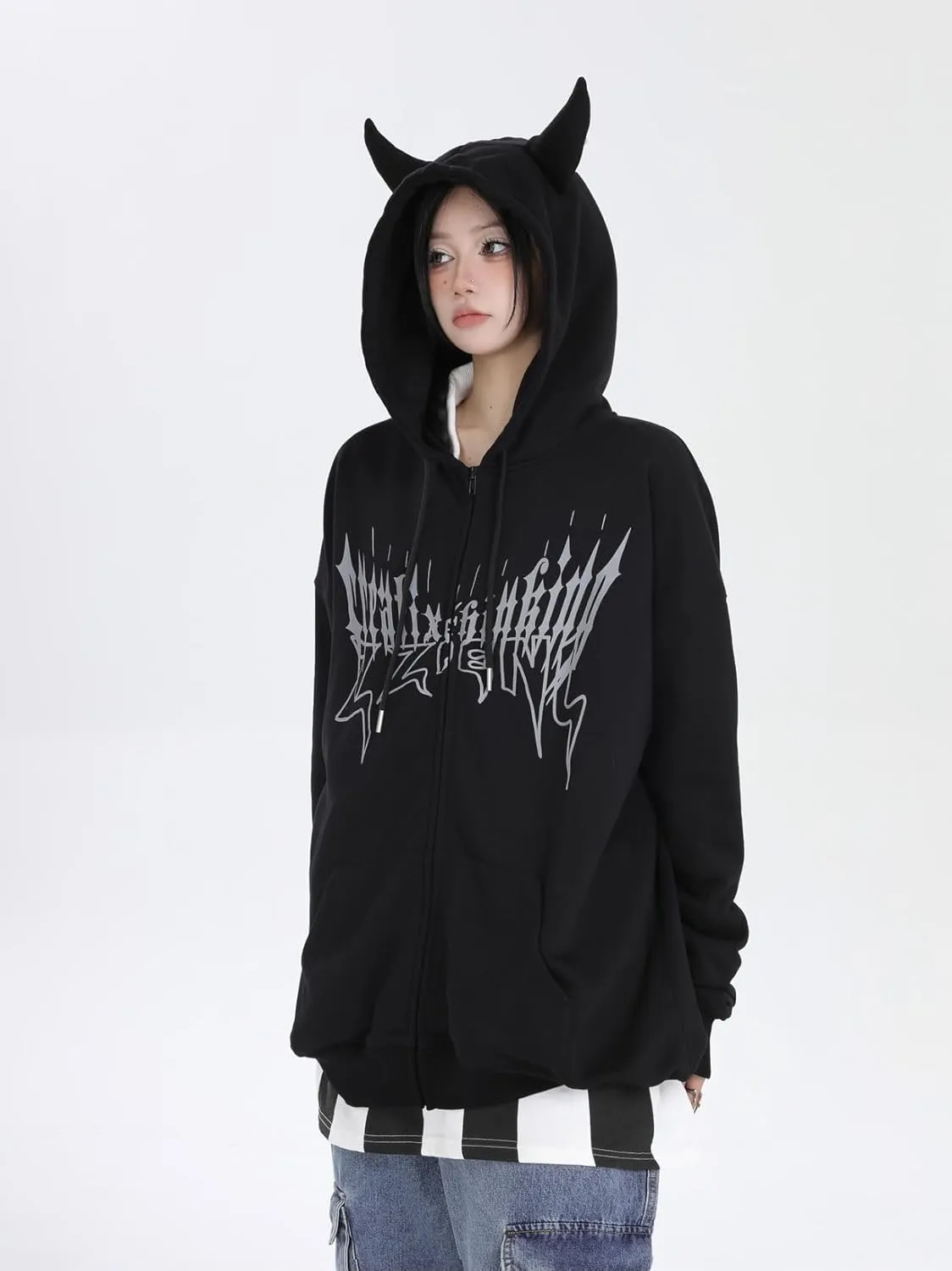 Sumleno Devil Horn Zip Up Hoodie Women Y2K Clothing Oversized Emo Alt Hooded Sweatshirt Punk Goth Aesthetic Grunge Pullover
