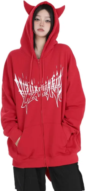 Sumleno Devil Horn Zip Up Hoodie Women Y2K Clothing Oversized Emo Alt Hooded Sweatshirt Punk Goth Aesthetic Grunge Pullover
