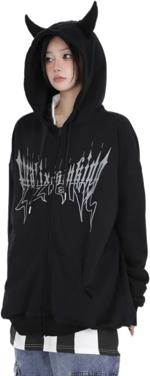 Sumleno Devil Horn Zip Up Hoodie Women Y2K Clothing Oversized Emo Alt Hooded Sweatshirt Punk Goth Aesthetic Grunge Pullover