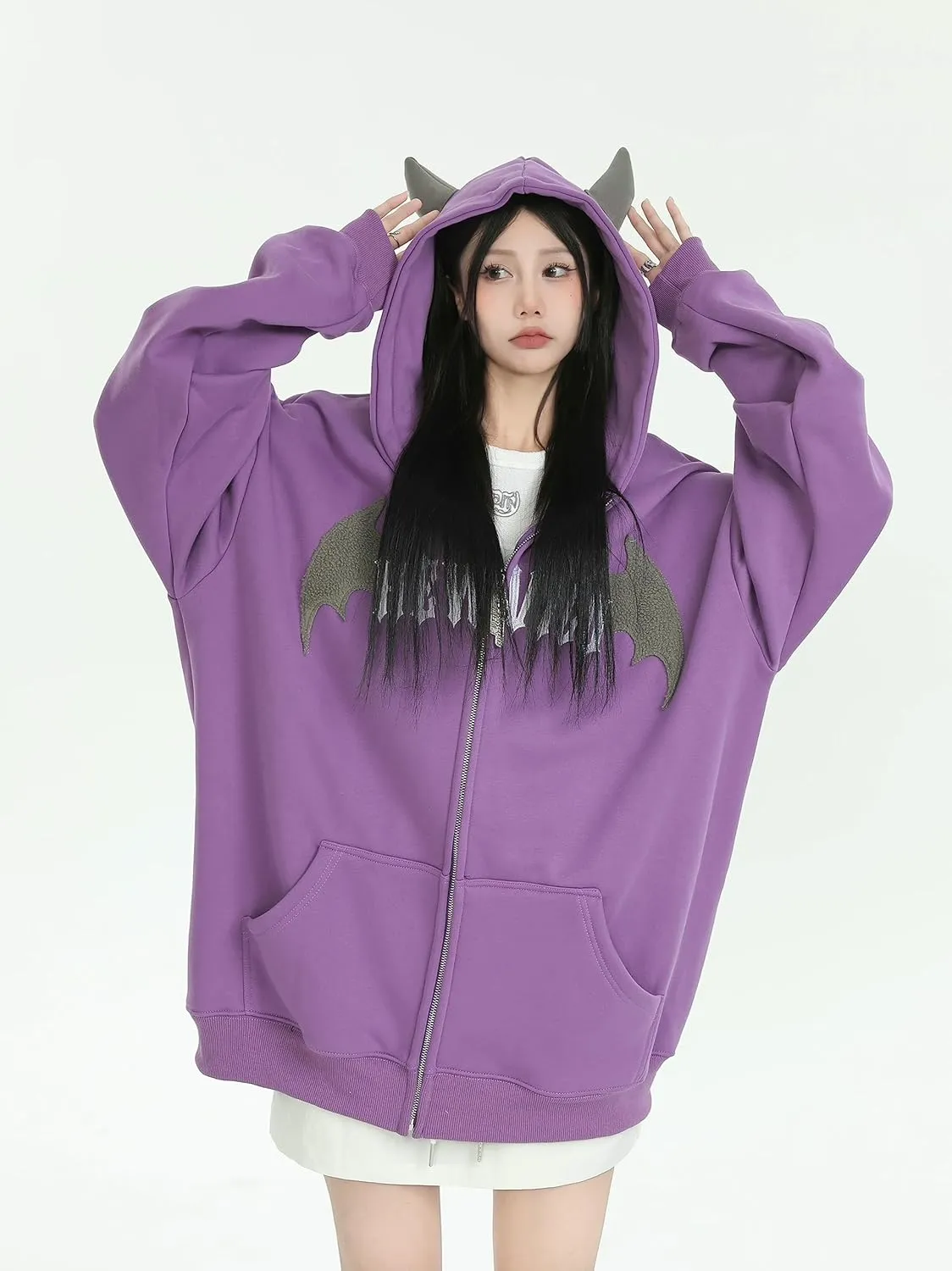 Sumleno Devil Horn Zip Up Hoodie Women Y2K Clothing Oversized Emo Alt Hooded Sweatshirt Punk Goth Aesthetic Grunge Pullover