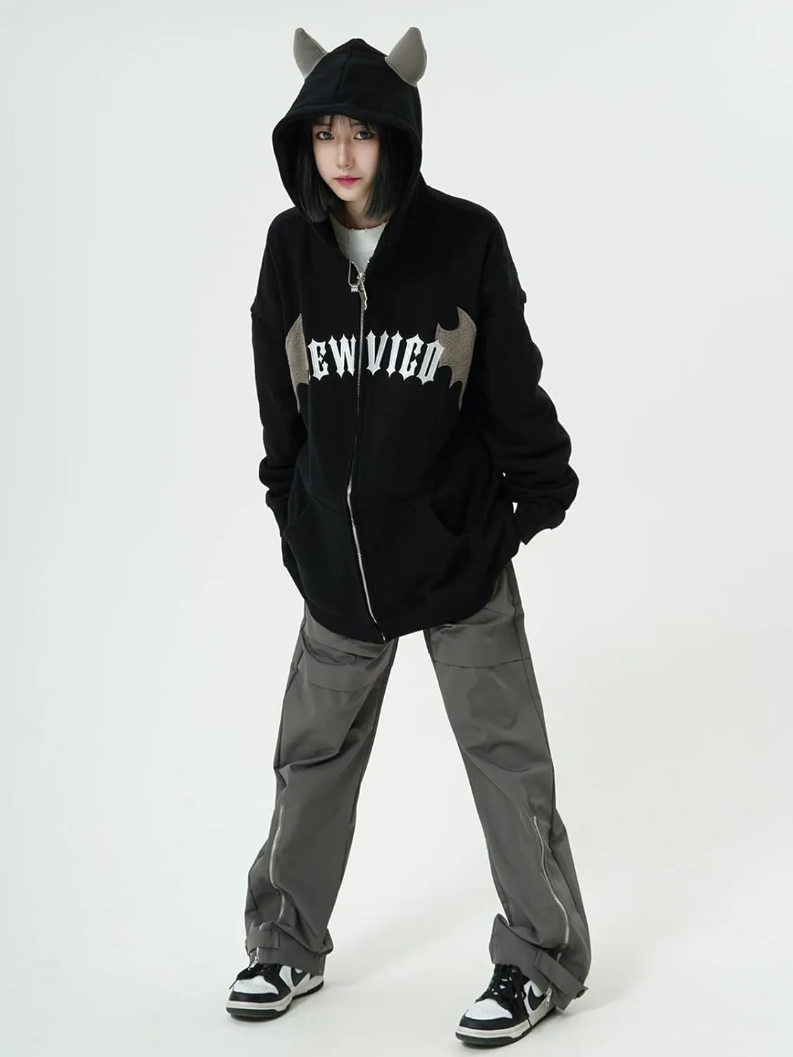 Sumleno Devil Horn Zip Up Hoodie Women Y2K Clothing Oversized Emo Alt Hooded Sweatshirt Punk Goth Aesthetic Grunge Pullover