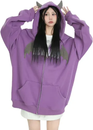 Sumleno Devil Horn Zip Up Hoodie Women Y2K Clothing Oversized Emo Alt Hooded Sweatshirt Punk Goth Aesthetic Grunge Pullover