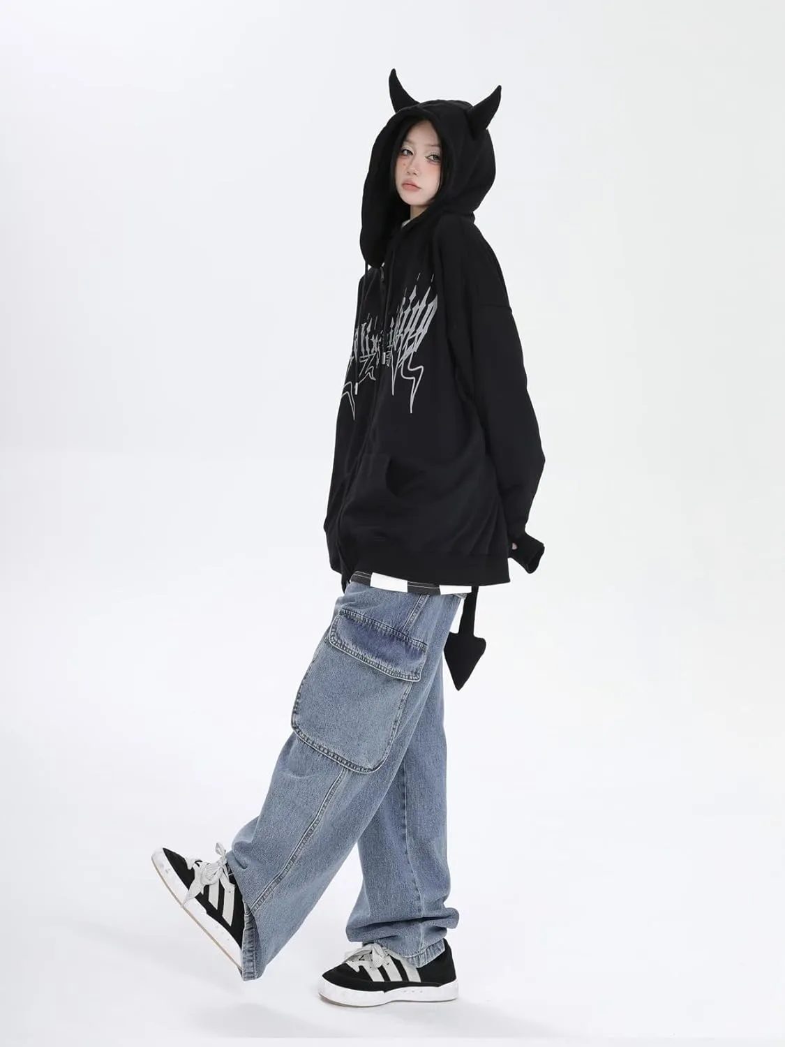 Sumleno Devil Horn Zip Up Hoodie Women Y2K Clothing Oversized Emo Alt Hooded Sweatshirt Punk Goth Aesthetic Grunge Pullover