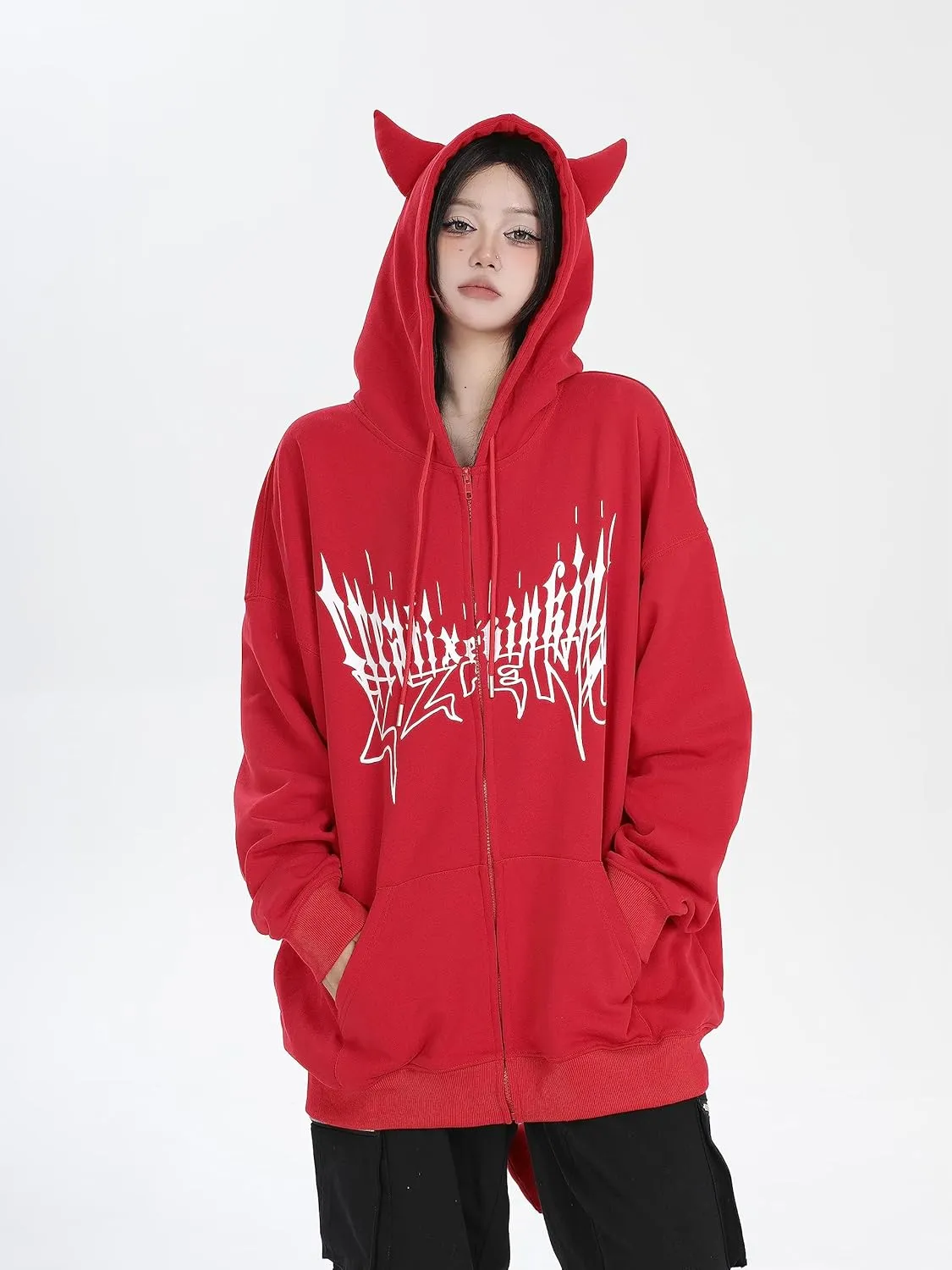 Sumleno Devil Horn Zip Up Hoodie Women Y2K Clothing Oversized Emo Alt Hooded Sweatshirt Punk Goth Aesthetic Grunge Pullover