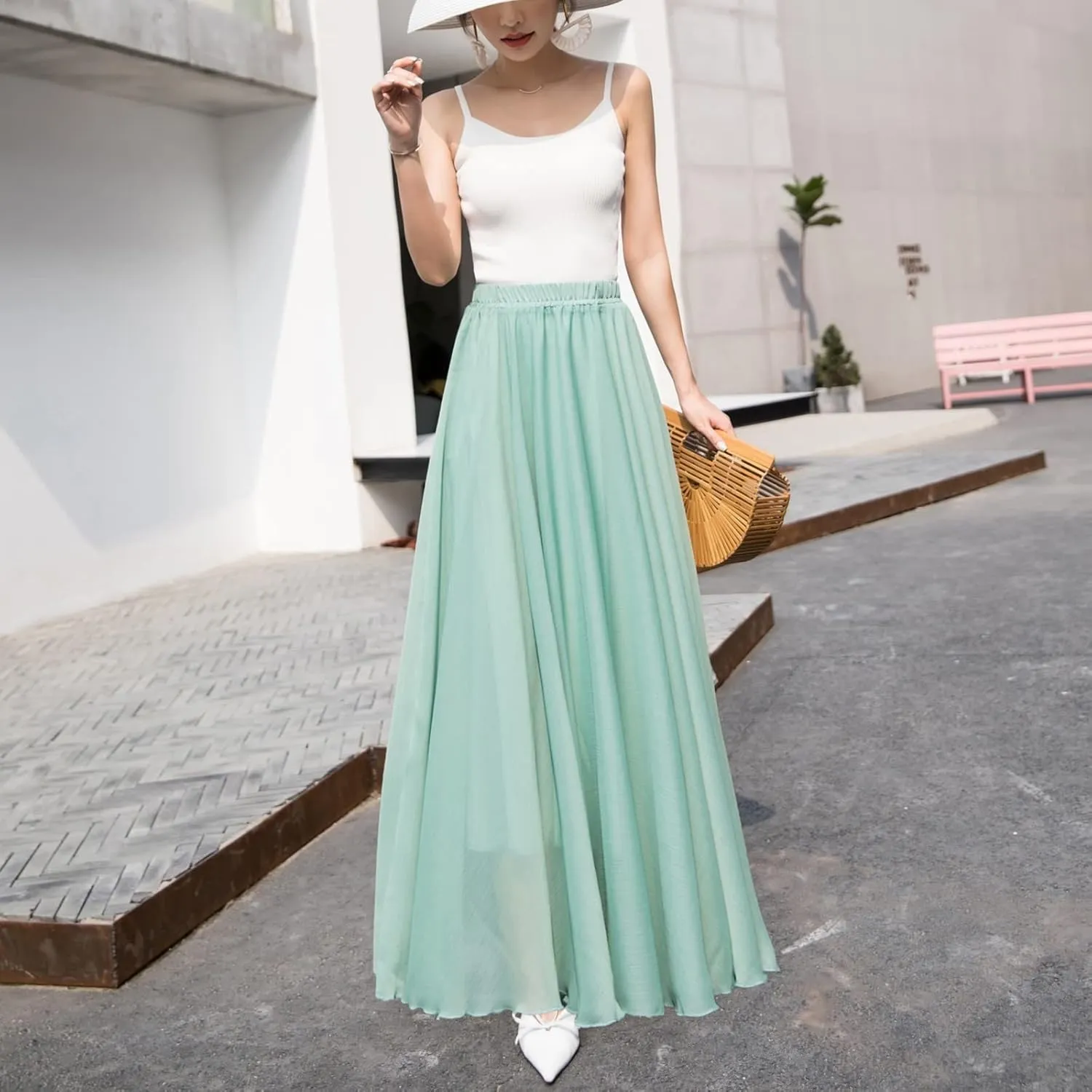 Summer Beach Skirt for Women Flowy Chiffon Maxi Skirts Floor Length High Waisted Pleated Skirt Vintage Tea Party Dresses