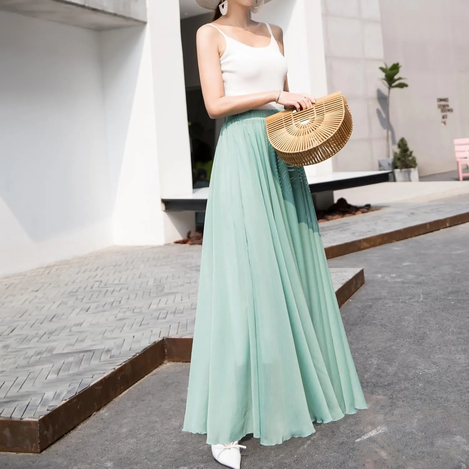 Summer Beach Skirt for Women Flowy Chiffon Maxi Skirts Floor Length High Waisted Pleated Skirt Vintage Tea Party Dresses