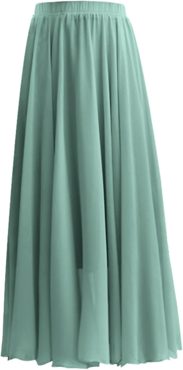 Summer Beach Skirt for Women Flowy Chiffon Maxi Skirts Floor Length High Waisted Pleated Skirt Vintage Tea Party Dresses