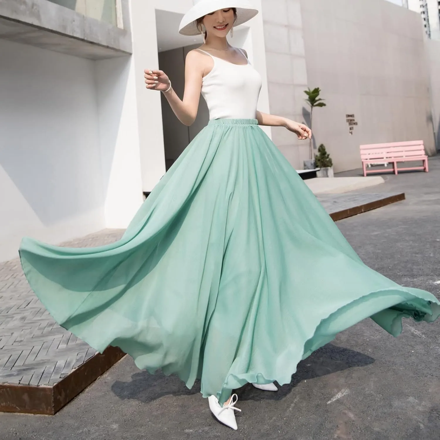 Summer Beach Skirt for Women Flowy Chiffon Maxi Skirts Floor Length High Waisted Pleated Skirt Vintage Tea Party Dresses