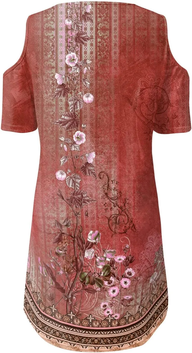 Summer Boho Dresses for Women 2024 Trendy Cold Shoulder Short Sleeve v Neck Tunic Dress Casual Floral Print Mini Dress