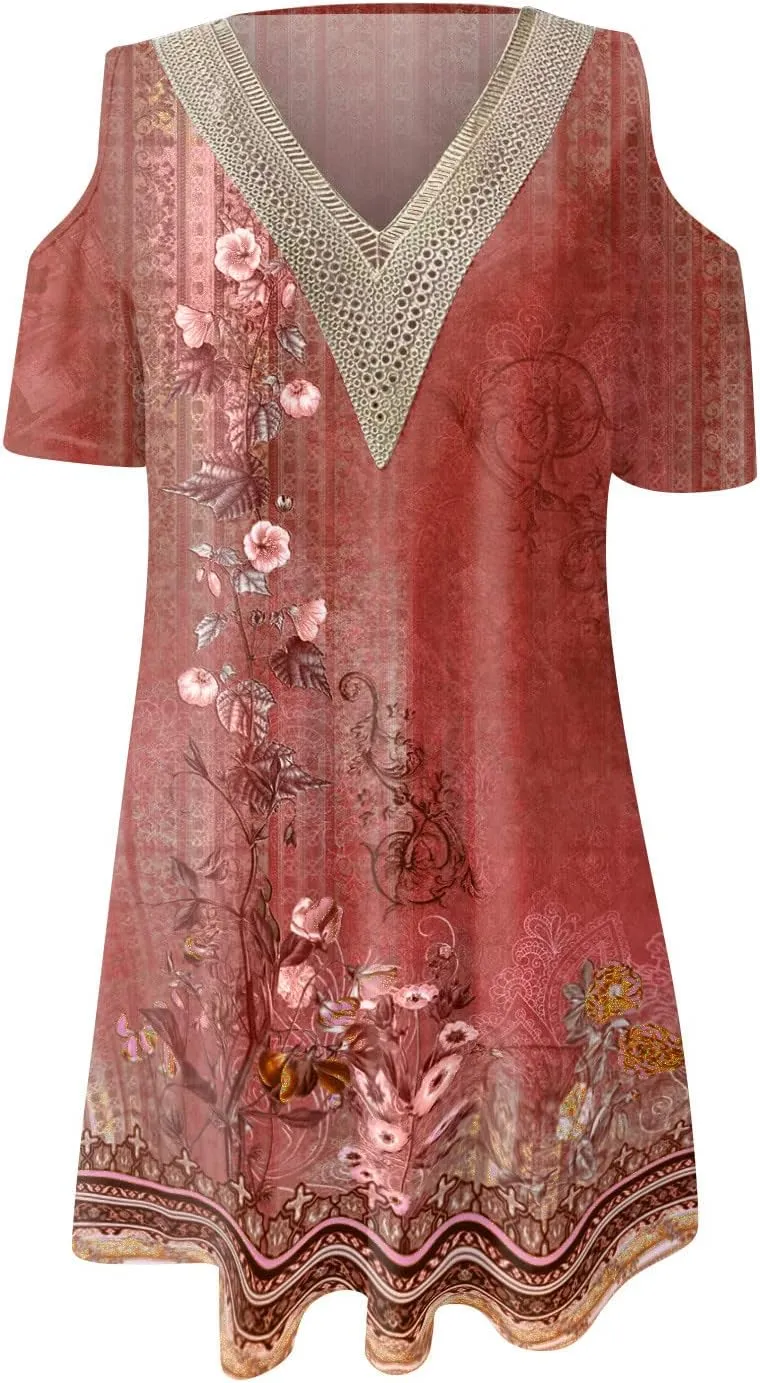 Summer Boho Dresses for Women 2024 Trendy Cold Shoulder Short Sleeve v Neck Tunic Dress Casual Floral Print Mini Dress