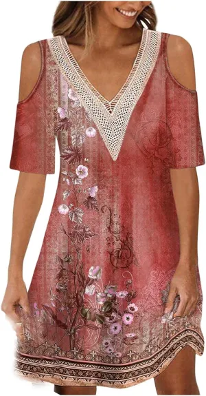 Summer Boho Dresses for Women 2024 Trendy Cold Shoulder Short Sleeve v Neck Tunic Dress Casual Floral Print Mini Dress