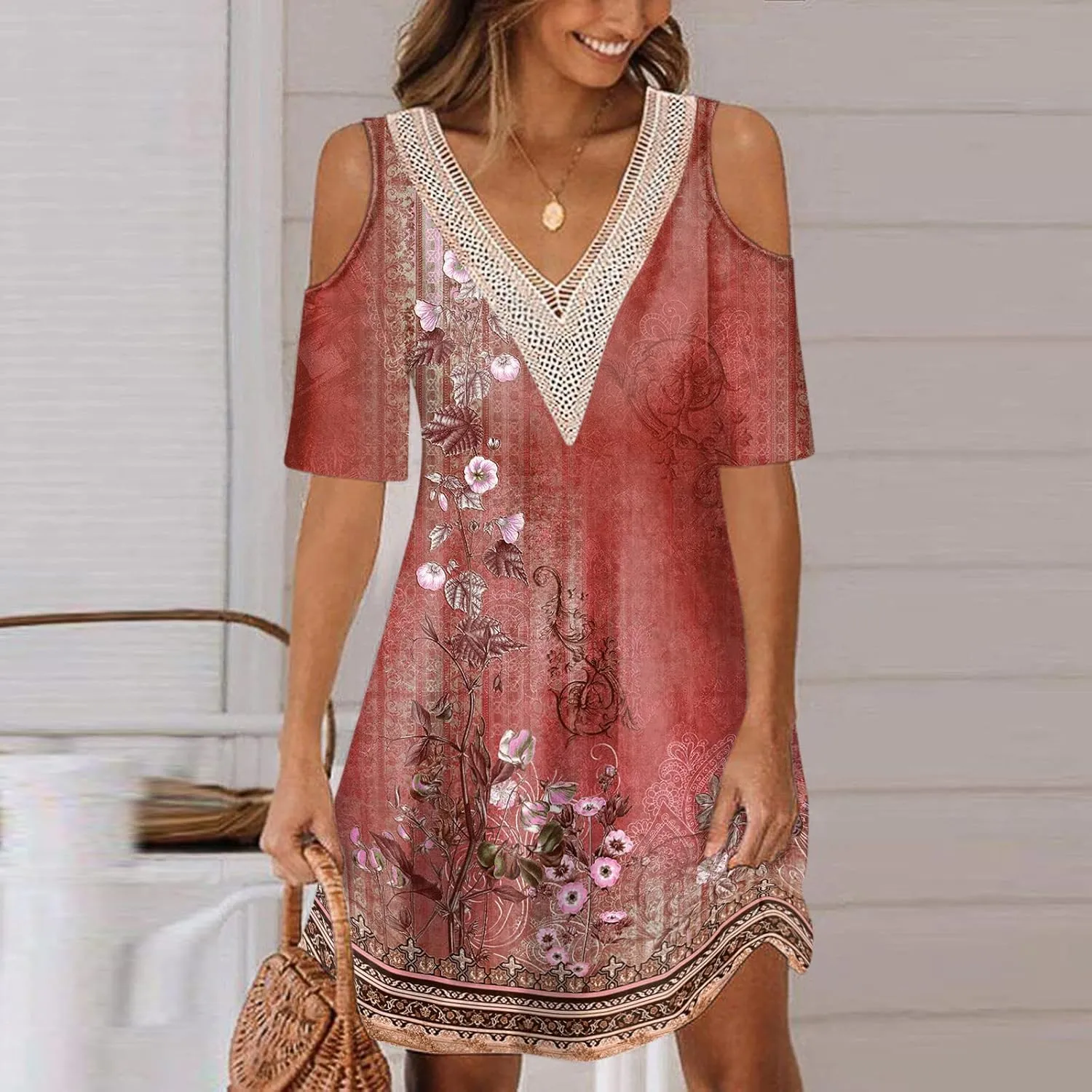 Summer Boho Dresses for Women 2024 Trendy Cold Shoulder Short Sleeve v Neck Tunic Dress Casual Floral Print Mini Dress
