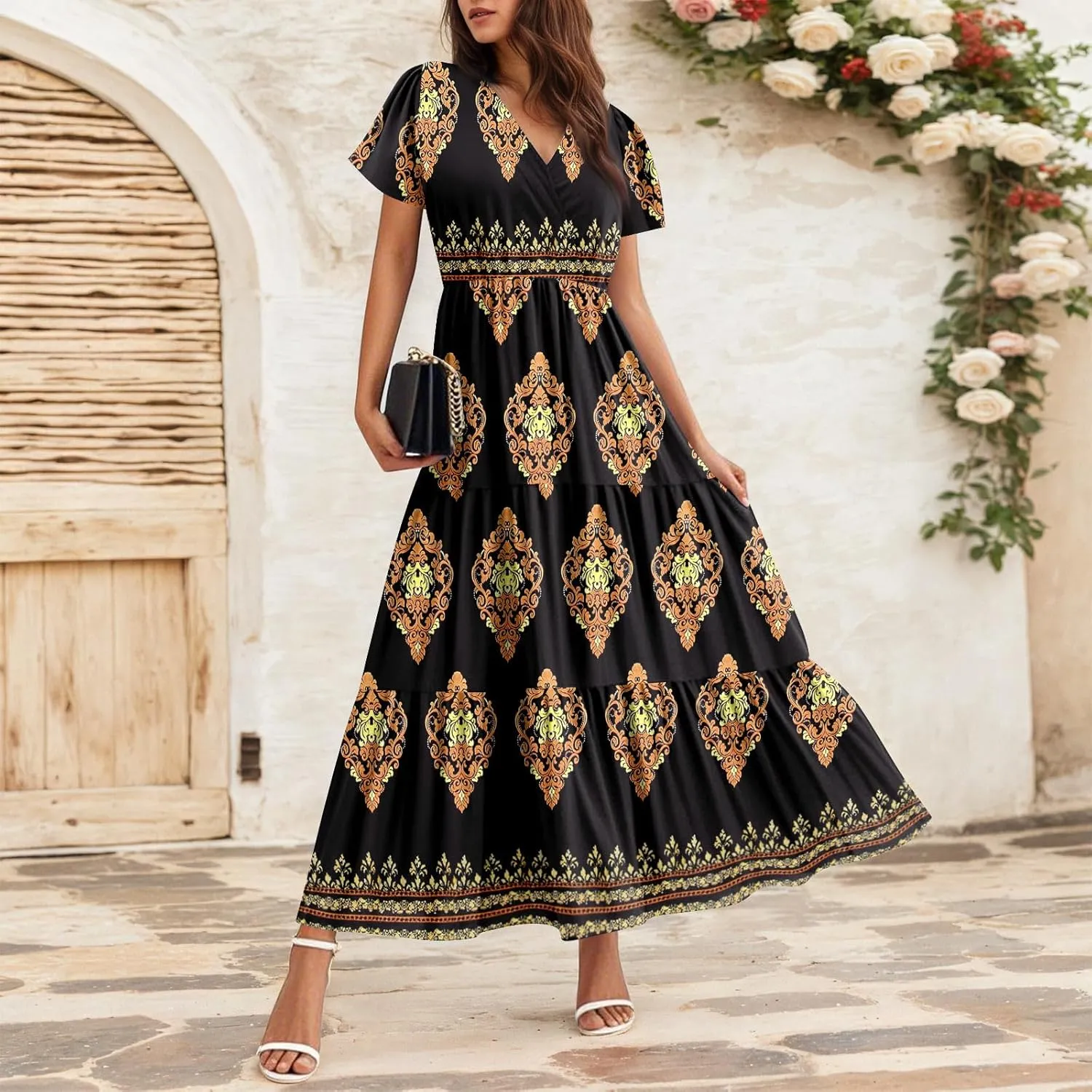 Summer Dress for Women 2025 Floral Sundress Short Sleeve Flowy Beach Vacation Boho Maxi Dresses