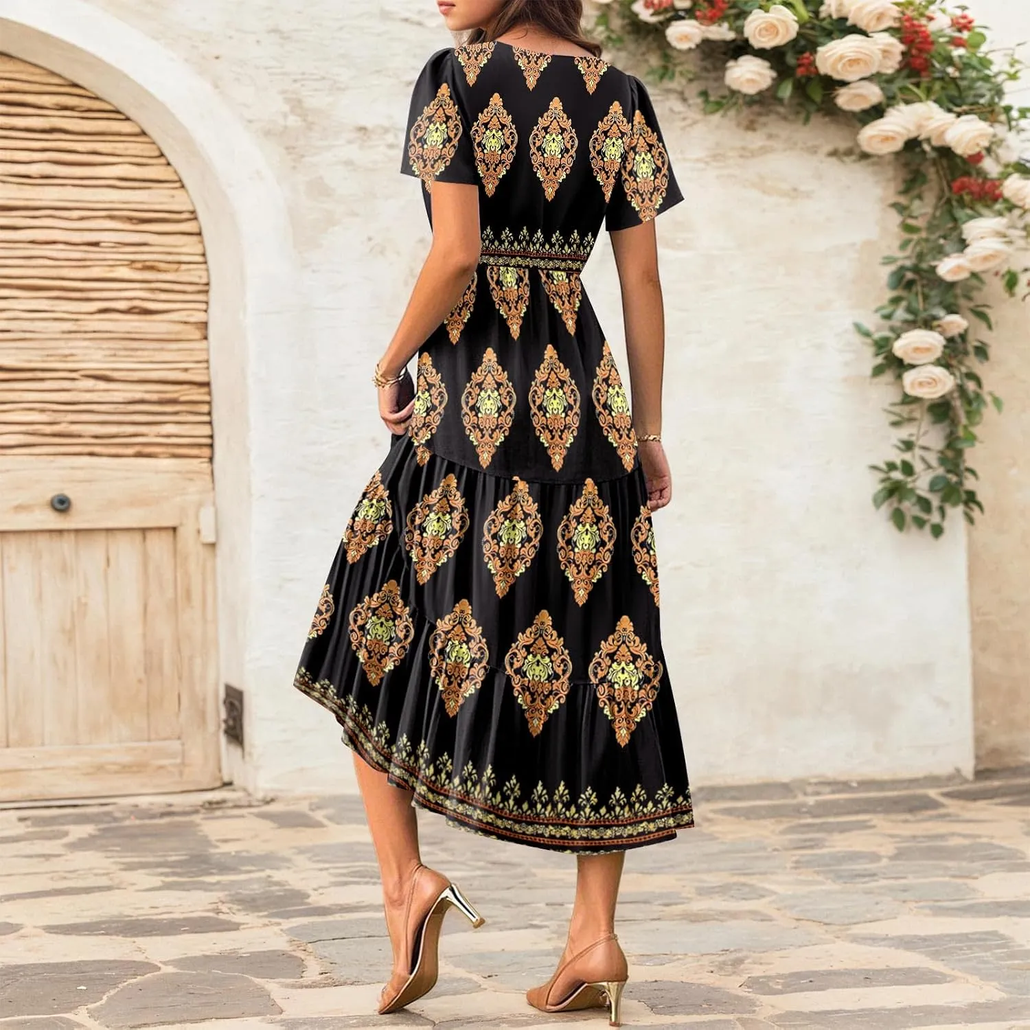 Summer Dress for Women 2025 Floral Sundress Short Sleeve Flowy Beach Vacation Boho Maxi Dresses