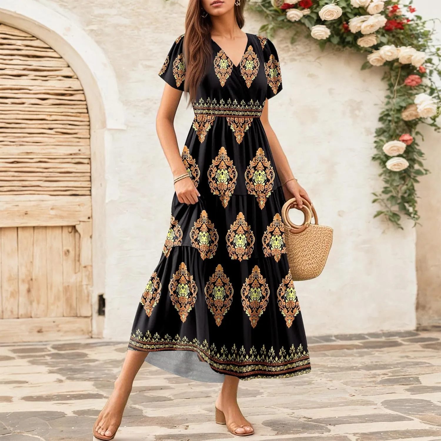Summer Dress for Women 2025 Floral Sundress Short Sleeve Flowy Beach Vacation Boho Maxi Dresses