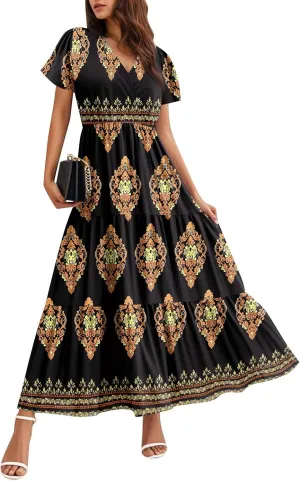 Summer Dress for Women 2025 Floral Sundress Short Sleeve Flowy Beach Vacation Boho Maxi Dresses