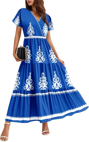 Summer Dress for Women 2025 Floral Sundress Short Sleeve Flowy Beach Vacation Boho Maxi Dresses