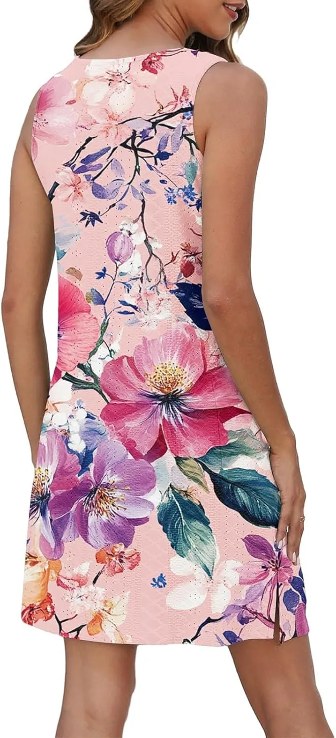 Summer Dresses for Women 2025 Beach T Shirt Dresses Sleeveless Floral Flowy Tshirt Tank Sundresses with Pocket