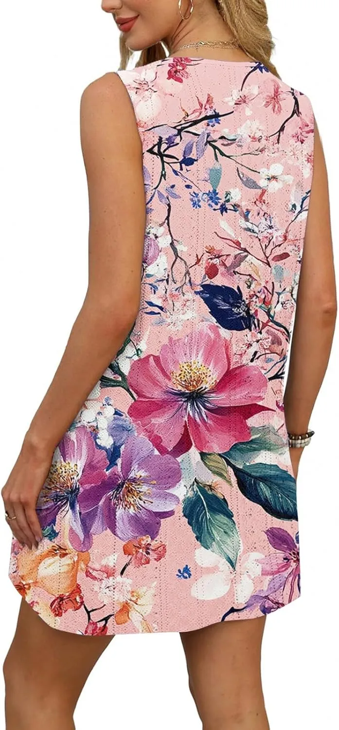 Summer Dresses for Women 2025 Beach T Shirt Dresses Sleeveless Floral Flowy Tshirt Tank Sundresses with Pocket