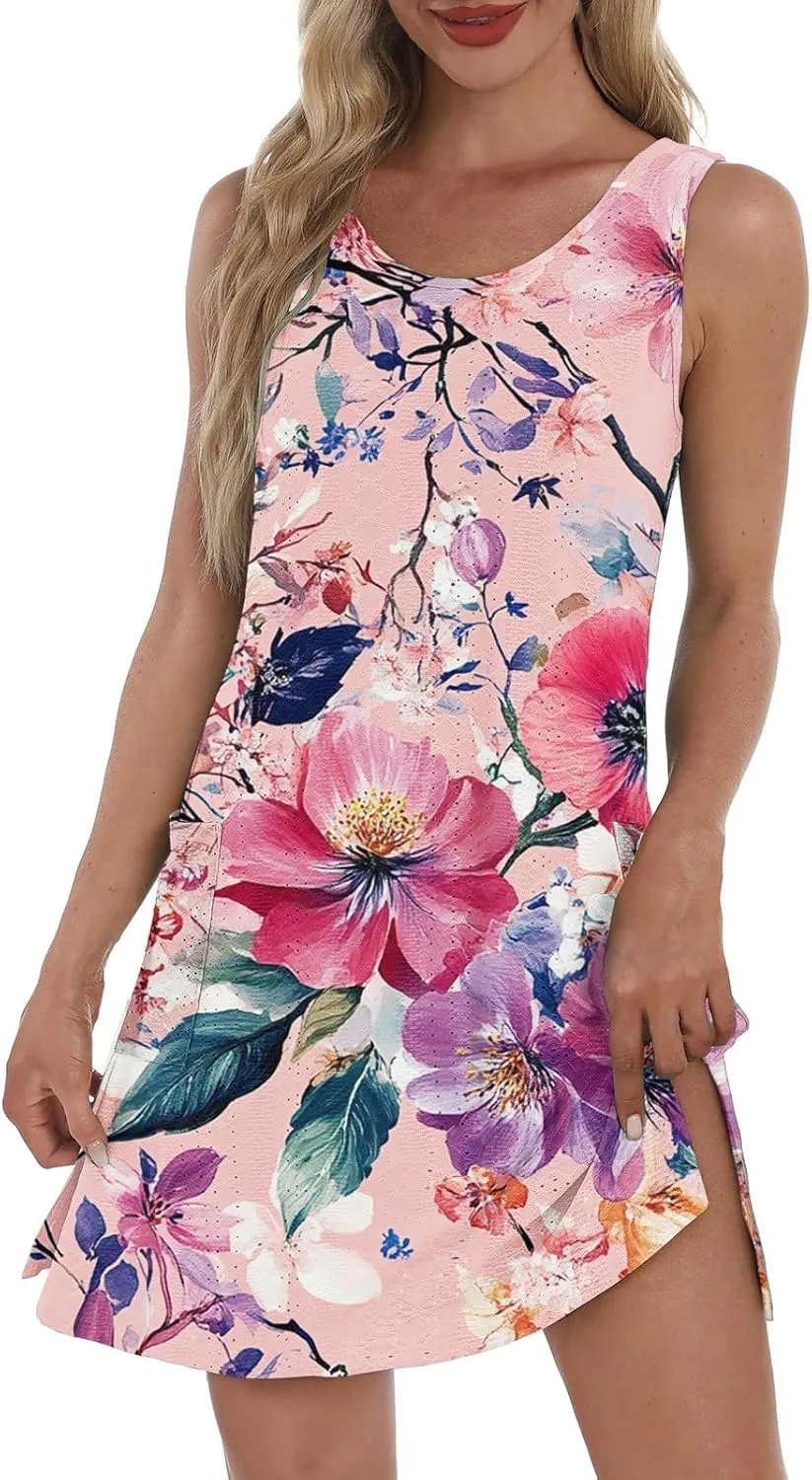 Summer Dresses for Women 2025 Beach T Shirt Dresses Sleeveless Floral Flowy Tshirt Tank Sundresses with Pocket