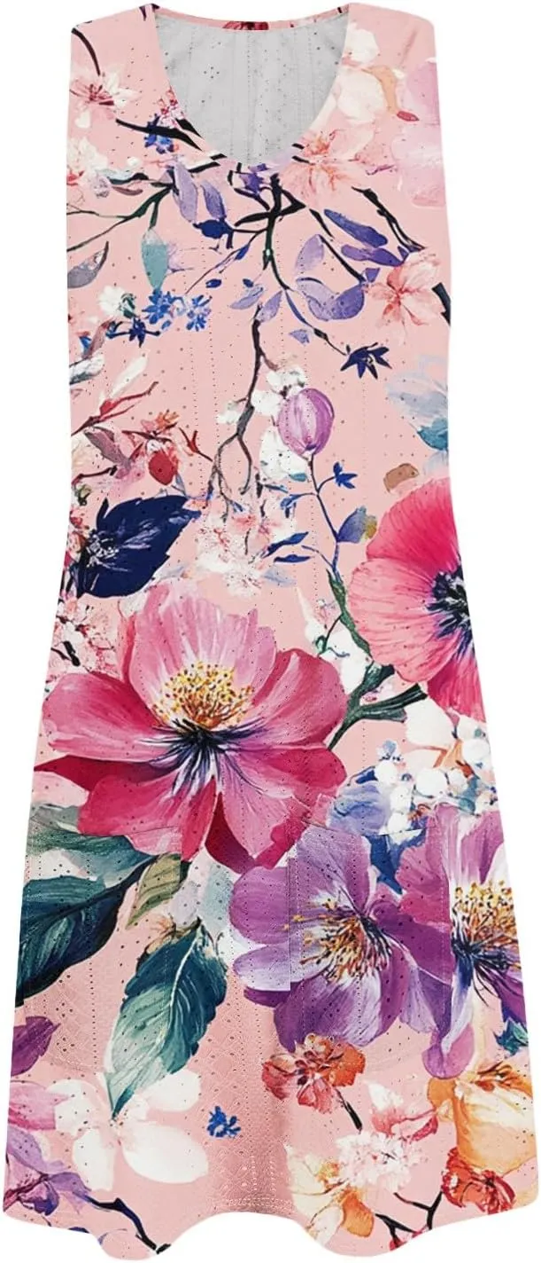 Summer Dresses for Women 2025 Beach T Shirt Dresses Sleeveless Floral Flowy Tshirt Tank Sundresses with Pocket