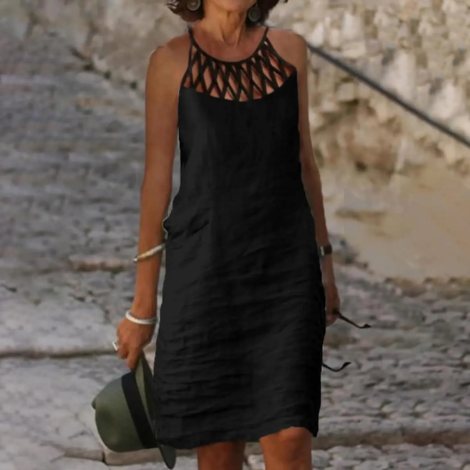 Summer Dresses for Women 2025 Casual Trendy Hollow Out Halter Neck A-line Sundress Beach Vacation Outfits Midi Dress