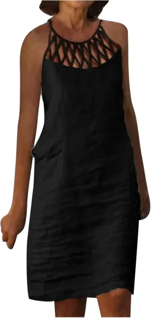Summer Dresses for Women 2025 Casual Trendy Hollow Out Halter Neck A-line Sundress Beach Vacation Outfits Midi Dress
