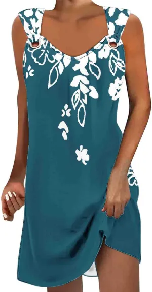 Summer Dresses for Women Sun Dresses for Women 2024 Casual Floral Print Mini Dress Metal Button V Neck Tank Dress