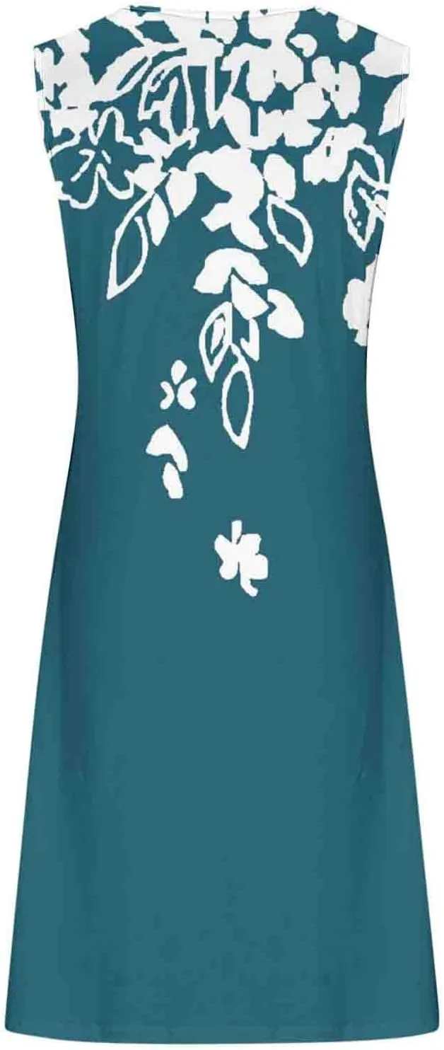 Summer Dresses for Women Sun Dresses for Women 2024 Casual Floral Print Mini Dress Metal Button V Neck Tank Dress