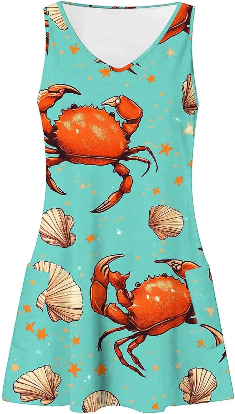 Summer Dresses for Women's Casual Beach Boho Dress Sleeveless Crewneck Tank Dress Loose Short Sundresses with Pockets