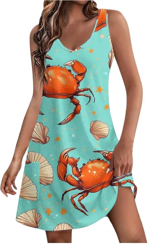 Summer Dresses for Women's Casual Beach Boho Dress Sleeveless Crewneck Tank Dress Loose Short Sundresses with Pockets