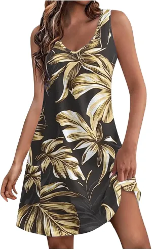 Summer Dresses for Women's Casual Beach Boho Dress Sleeveless Crewneck Tank Dress Loose Short Sundresses with Pockets