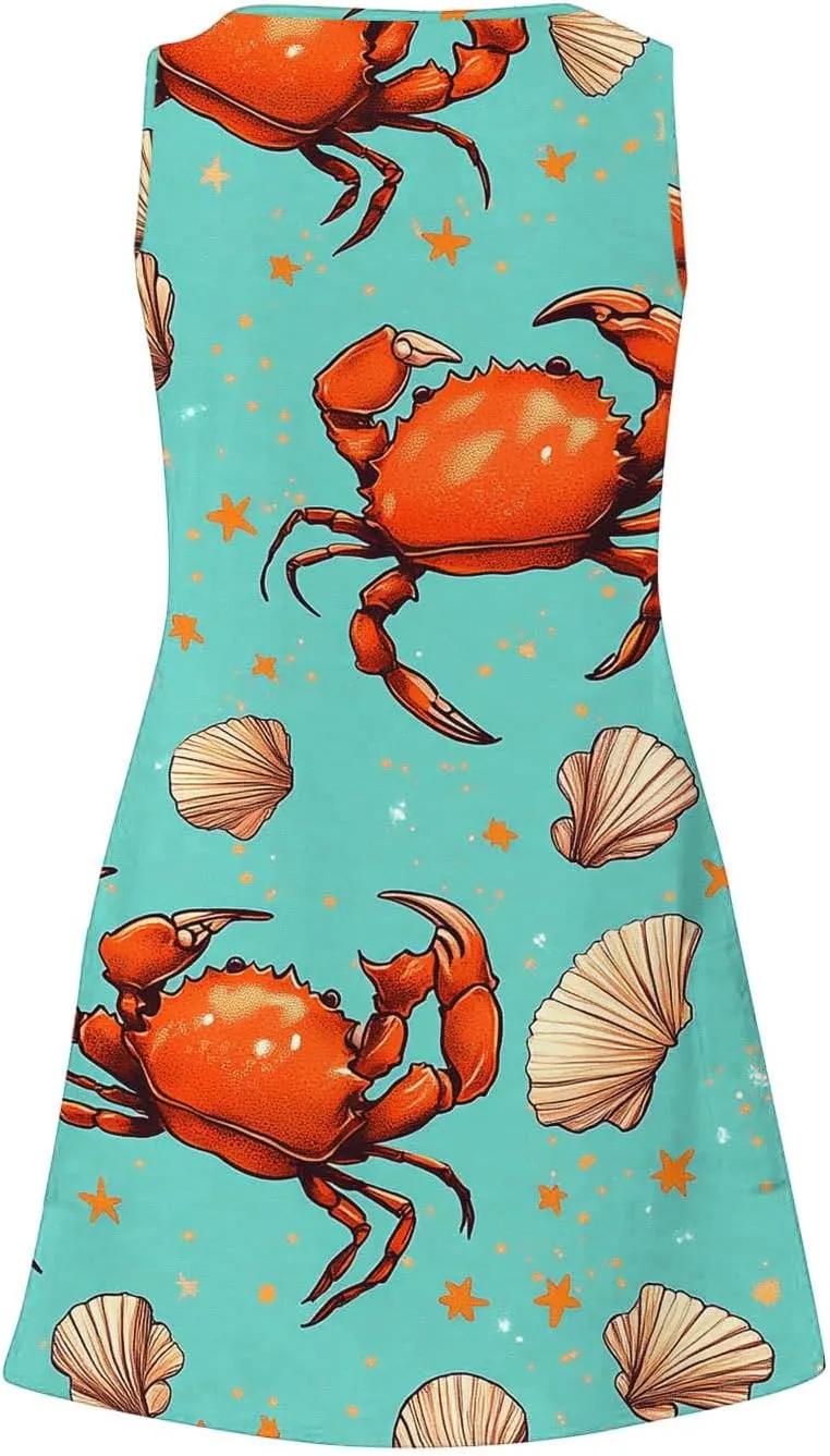 Summer Dresses for Women's Casual Beach Boho Dress Sleeveless Crewneck Tank Dress Loose Short Sundresses with Pockets