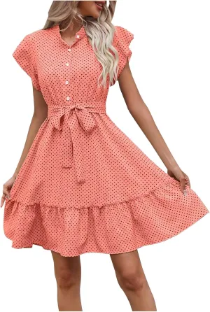 Summer Dresses Womens Button Round Neck Tunic Ruffle Short Sleeve A-Line Tiered Babydoll Beach Dress Flowy Mini Dress